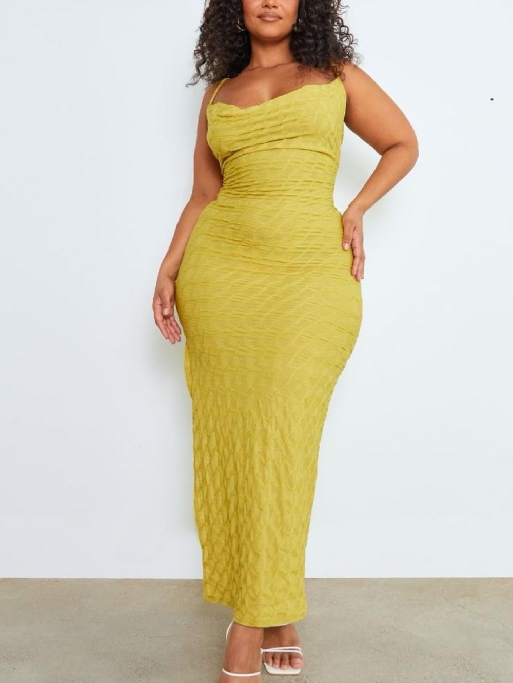 PrettyLittleThing Curve-Fit Textured Slip Dress in Yellow